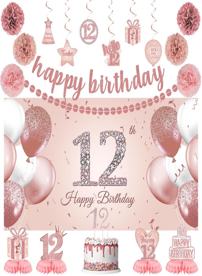 Roetyce 12th Birthday Decorations for Girls, 20PCS Rose Gold 12th Birthday Banner Pom Poms Hanging Swirls Centerpiece Cake Topper Kit, Pink Happy 12th Birthday Party Decor for Her, 12th BDay Backdrop - Image 1