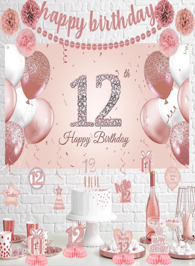 Roetyce 12th Birthday Decorations for Girls, 20PCS Rose Gold 12th Birthday Banner Pom Poms Hanging Swirls Centerpiece Cake Topper Kit, Pink Happy 12th Birthday Party Decor for Her, 12th BDay Backdrop - Image 5