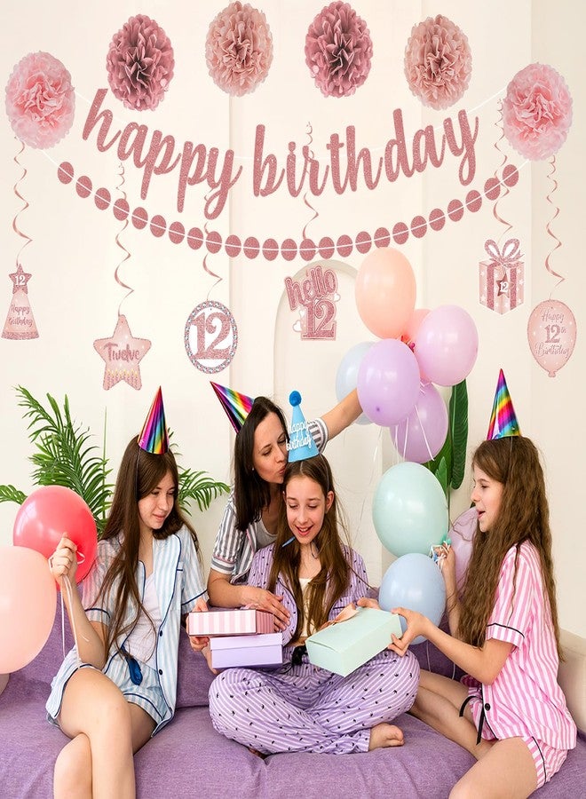 Roetyce 12th Birthday Decorations for Girls, 20PCS Rose Gold 12th Birthday Banner Pom Poms Hanging Swirls Centerpiece Cake Topper Kit, Pink Happy 12th Birthday Party Decor for Her, 12th BDay Backdrop - Image 4