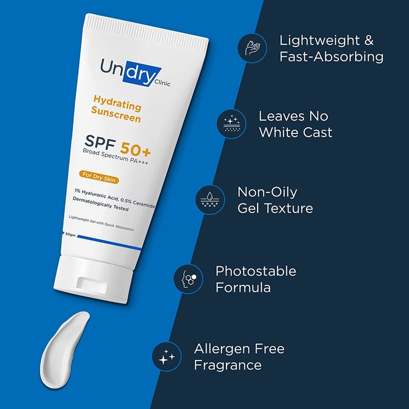 Undry Hydrating Sunscreen for Dry Skin 50gm Pack of 3 Lightweight Sunscreen SPF 50 Broad Spectrum Sun Screen Protector SPF 50 Sunscreen for Women  Sunscreen for Men - Image 4