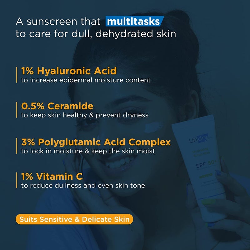 Undry Hydrating Sunscreen for Dry Skin 50gm Pack of 3 Lightweight Sunscreen SPF 50 Broad Spectrum Sun Screen Protector SPF 50 Sunscreen for Women  Sunscreen for Men - Image 3