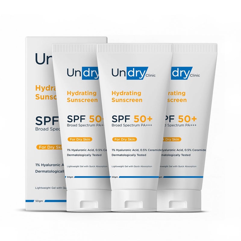 Undry Hydrating Sunscreen for Dry Skin 50gm Pack of 3 Lightweight Sunscreen SPF 50 Broad Spectrum Sun Screen Protector SPF 50 Sunscreen for Women  Sunscreen for Men - Image 1