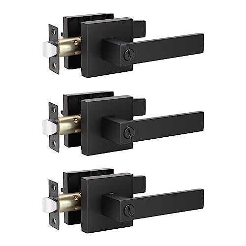 KNOBWELL 3 Pack Matte Black Interior Door Handles, Square Door Lever Interior Handle for Privacy and Security 2.07 lb Bedroom doorknob, Left or Right Handing - Image 1