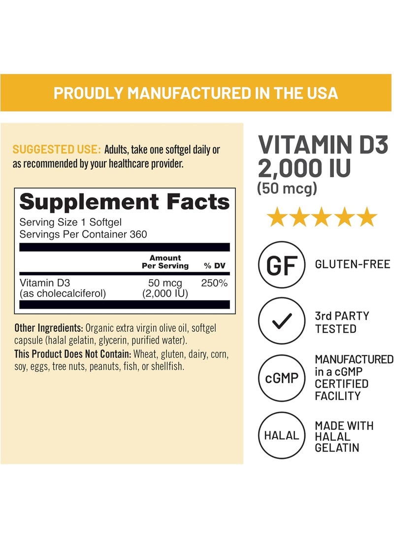 NatureWise Vitamin D3 2000iu (50 mcg) 1-Year Supply for Immune Support, Healthy Muscle Function, and Bone Health - Non-GMO, Gluten Free in Organic Extra Virgin Olive Oil, (Mini Softgel), 360 Count - Image 2