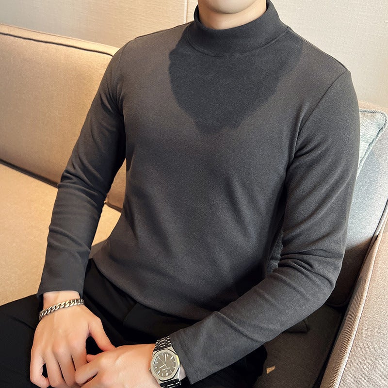 Men'S Long-Sleeved T-Shirt Double-Sided Velvet Mock Collar Fashionable Korean Style Slim-Fit Base Shirt Casual Interior - Image 4