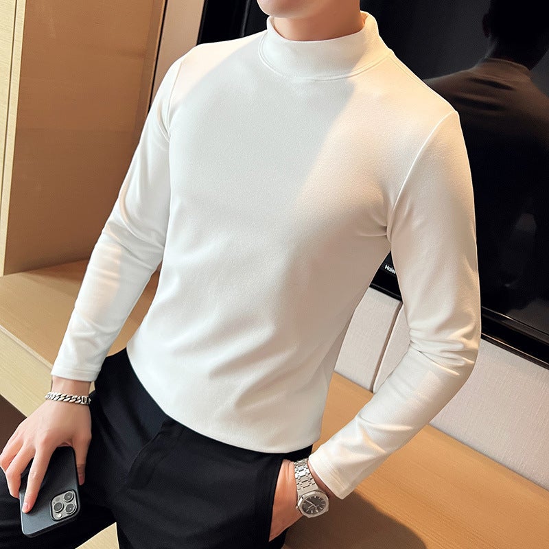 Men'S Long-Sleeved T-Shirt Double-Sided Velvet Mock Collar Fashionable Korean Style Slim-Fit Base Shirt Casual Interior - Image 1