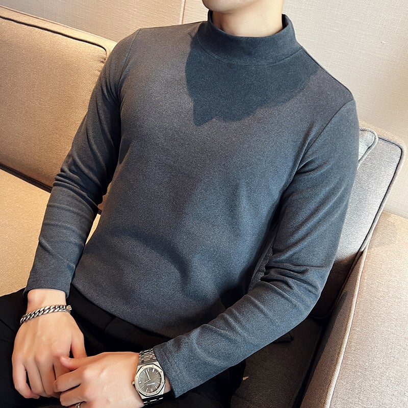 Men'S Long-Sleeved T-Shirt Double-Sided Velvet Mock Collar Fashionable Korean Style Slim-Fit Base Shirt Casual Interior - Image 3