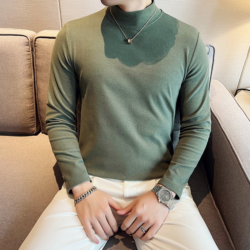 Men'S Long-Sleeved T-Shirt Double-Sided Velvet Mock Collar Fashionable Korean Style Slim-Fit Base Shirt Casual Interior - Image 5