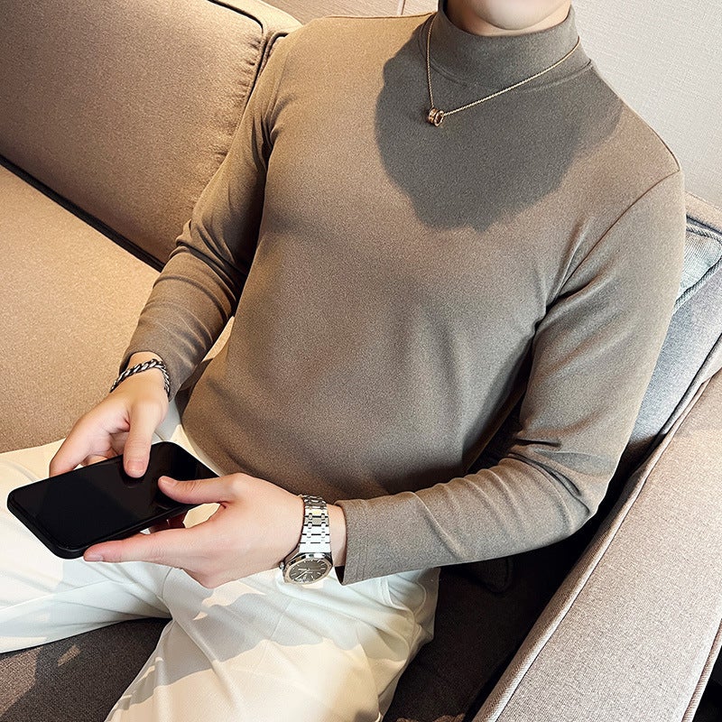 Men'S Long-Sleeved T-Shirt Double-Sided Velvet Mock Collar Fashionable Korean Style Slim-Fit Base Shirt Casual Interior - Image 2