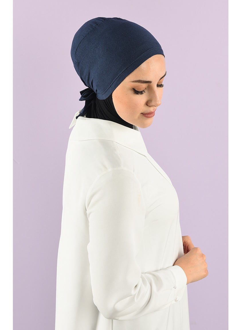 Sefa Merve Stitched Combed Cotton Bonnet 90106-02 Navy Blue  - Image 1