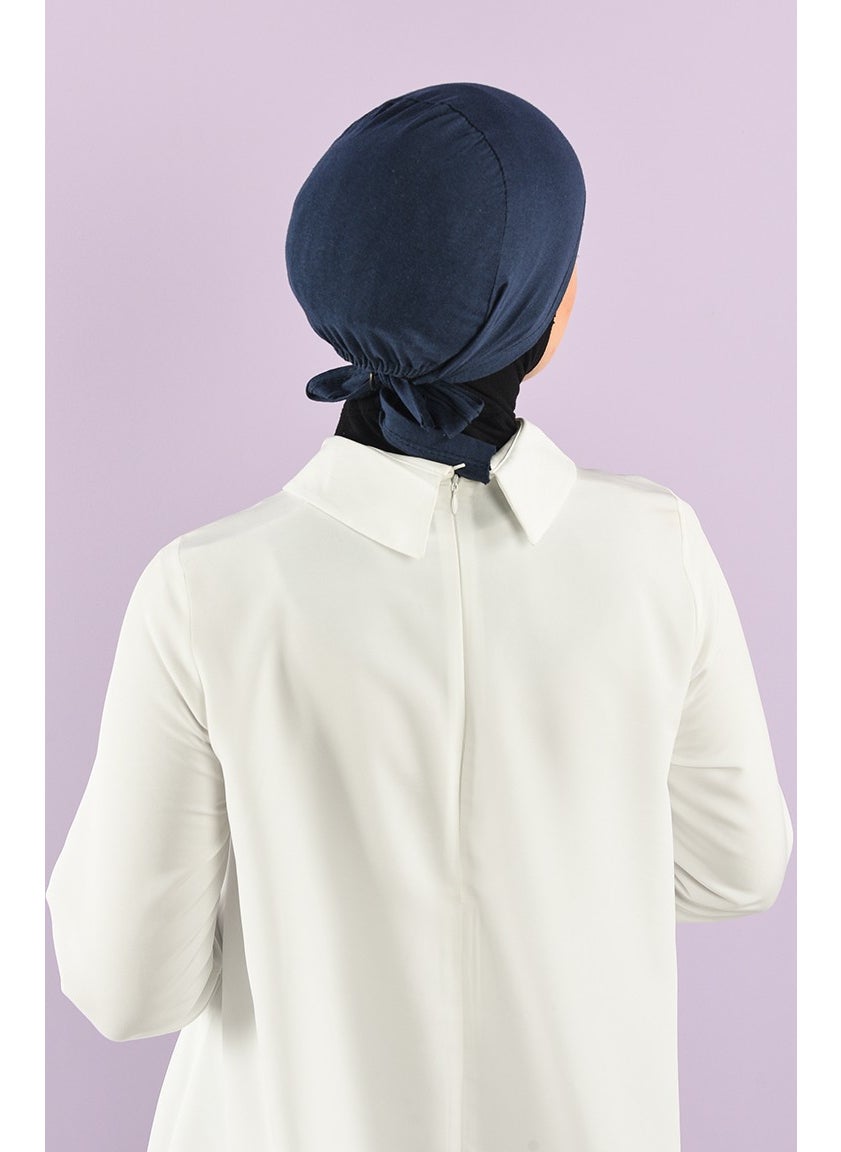Sefa Merve Stitched Combed Cotton Bonnet 90106-02 Navy Blue  - Image 3
