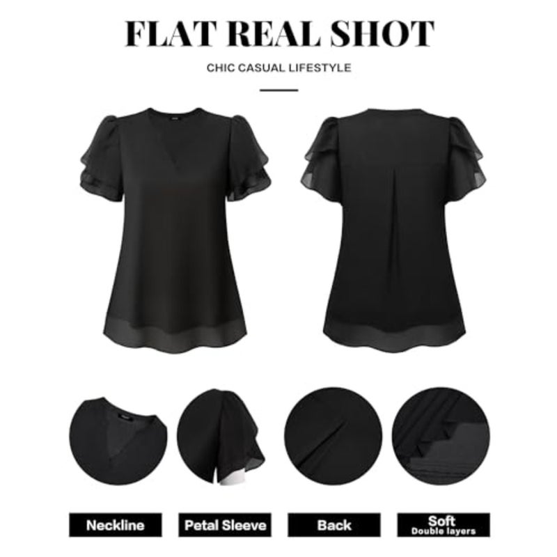 Lotusmile Elegant Chiffon Blouse for Women, Summer, Puff Blossoms, Short Sleeves, V-Neck, Casual Work Top - Image 5