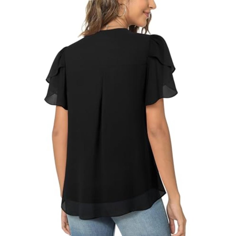 Lotusmile Elegant Chiffon Blouse for Women, Summer, Puff Blossoms, Short Sleeves, V-Neck, Casual Work Top - Image 4