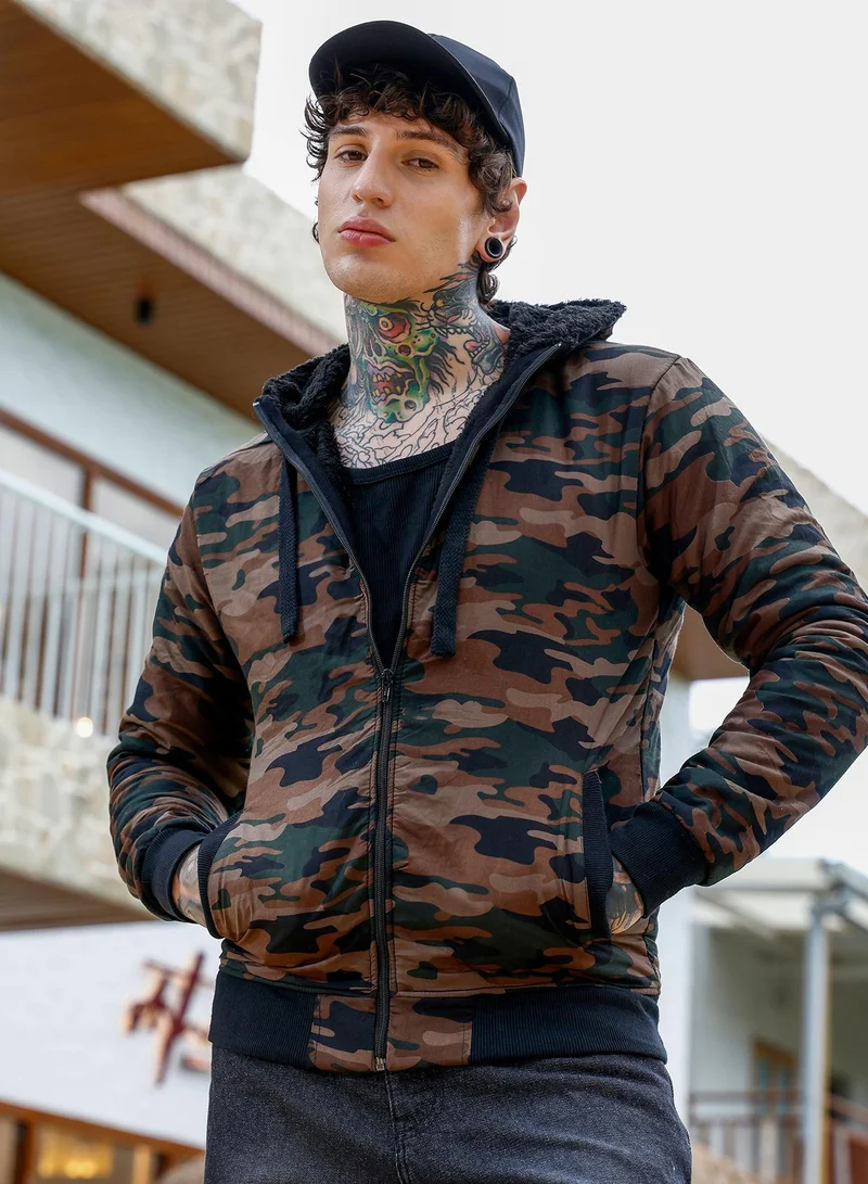 Men's Camouflage Fleece-Lined Jacket | Hooded Neck , Long Ribbed Cuff Sleeves , Zipper Closure , Ribbed-Straight Hem | Abstract Print Woven Plain For Casual & Daily | Olive Brown