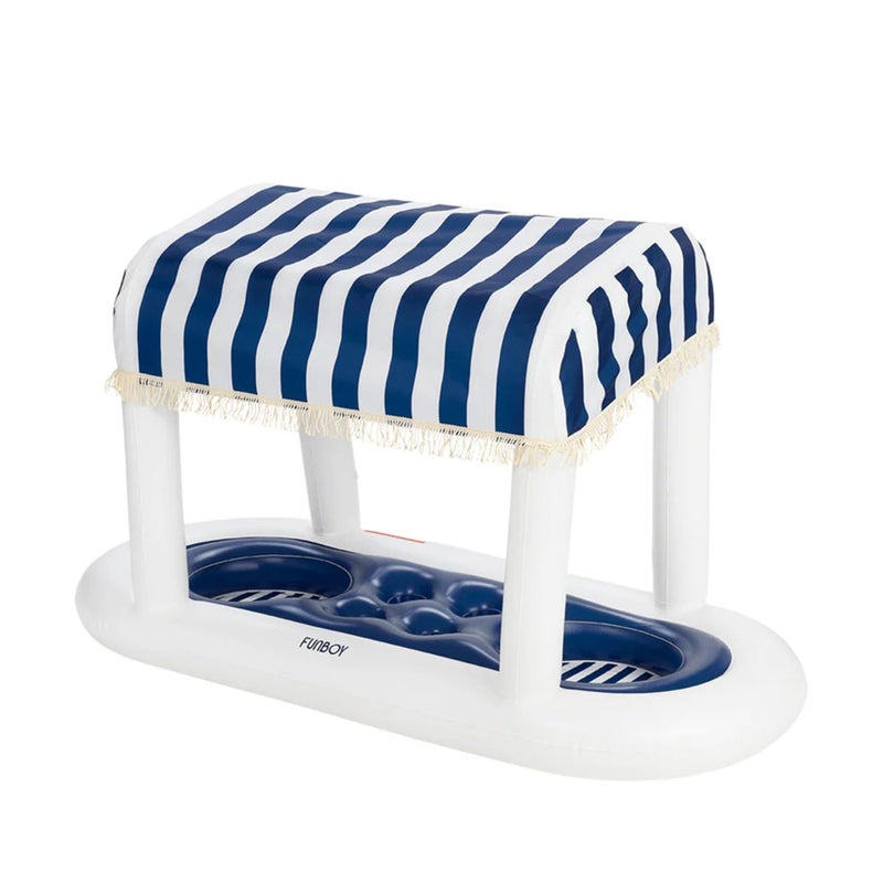 FUNBOY Giant Floating Navy Cabana Stripe Drink Station, Removable Fabric Shade with Fringe, Perfect for Parties, Table-Top Decorations and in-Pool Refreshments. - Image 1