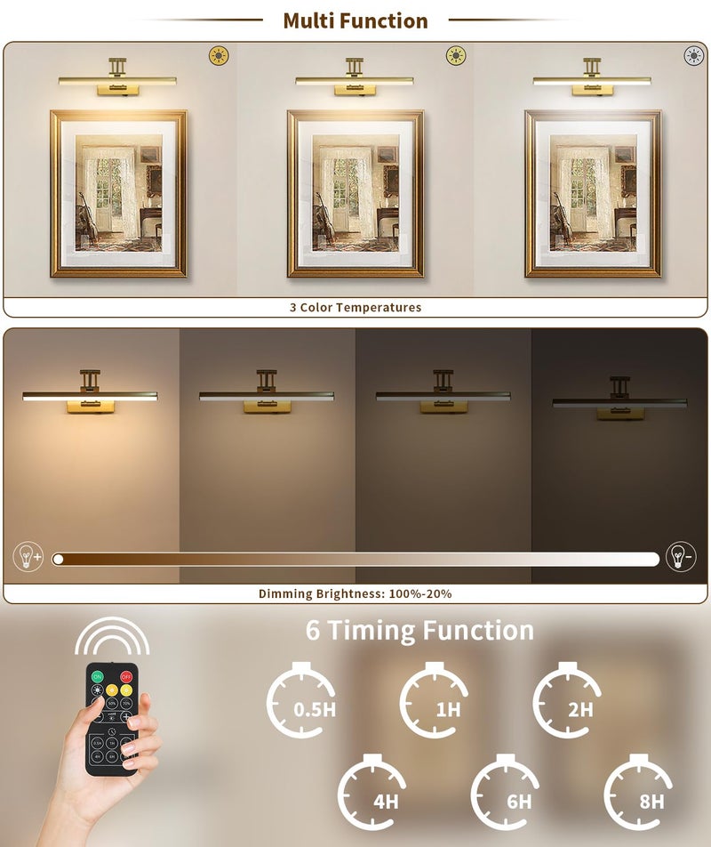 Joossnwell Wireless Picture Light Battery Operated with Remote LED Art Lights for Paintings Rechargeable Dimmable and Timer 15.5 Inch Brass Picture Lights for Wall Gallery Light Library Light - Image 3