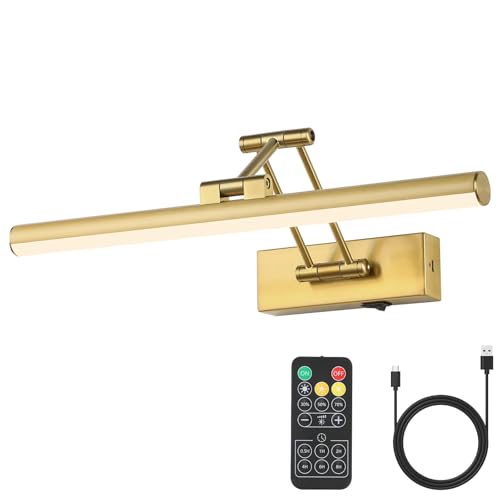 Joossnwell Wireless Picture Light Battery Operated with Remote LED Art Lights for Paintings Rechargeable Dimmable and Timer 15.5 Inch Brass Picture Lights for Wall Gallery Light Library Light - Image 1