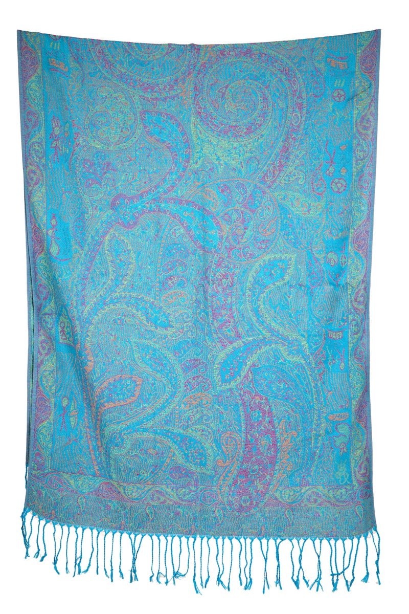 Achillea Soft Silky Reversible Paisley Pashmina Shawl Wrap Scarf w/Fringes (Tapestry Turquoise) - Image 5