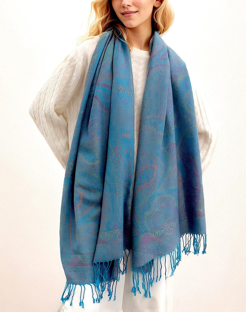 Achillea Soft Silky Reversible Paisley Pashmina Shawl Wrap Scarf w/Fringes (Tapestry Turquoise) - Image 4