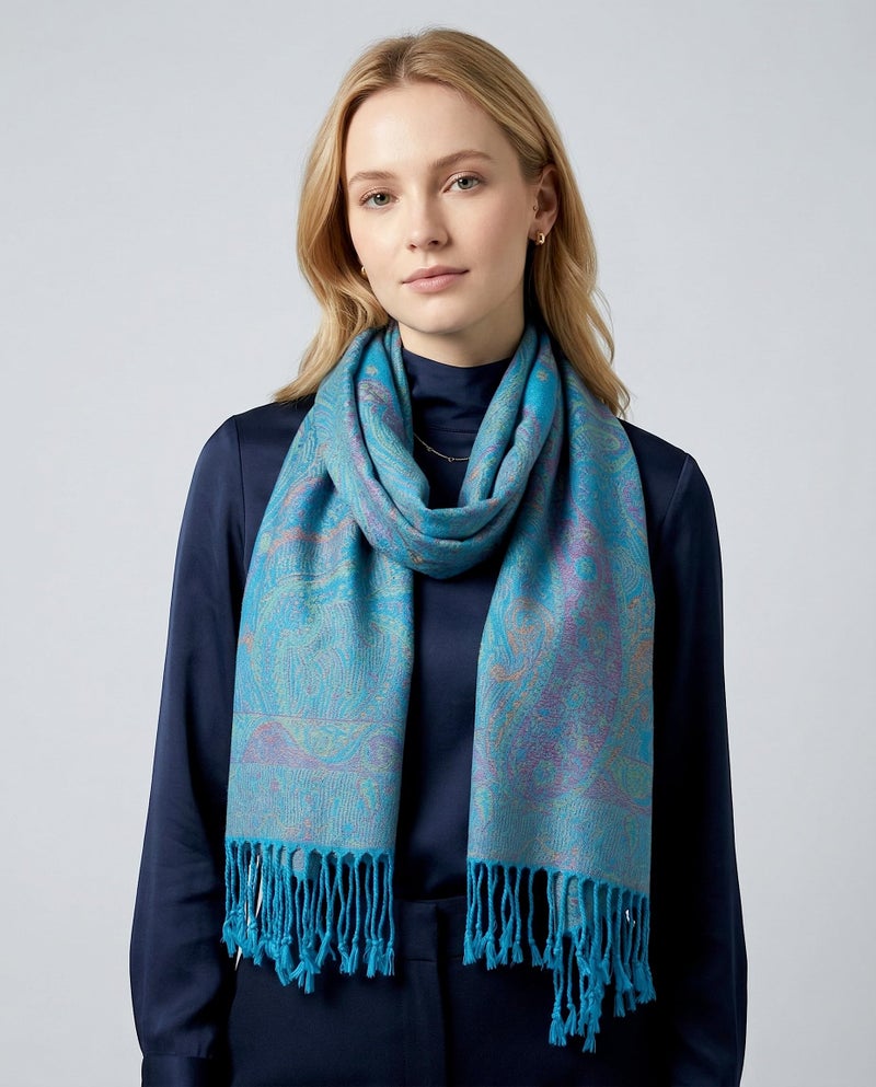 Achillea Soft Silky Reversible Paisley Pashmina Shawl Wrap Scarf w/Fringes (Tapestry Turquoise) - Image 2