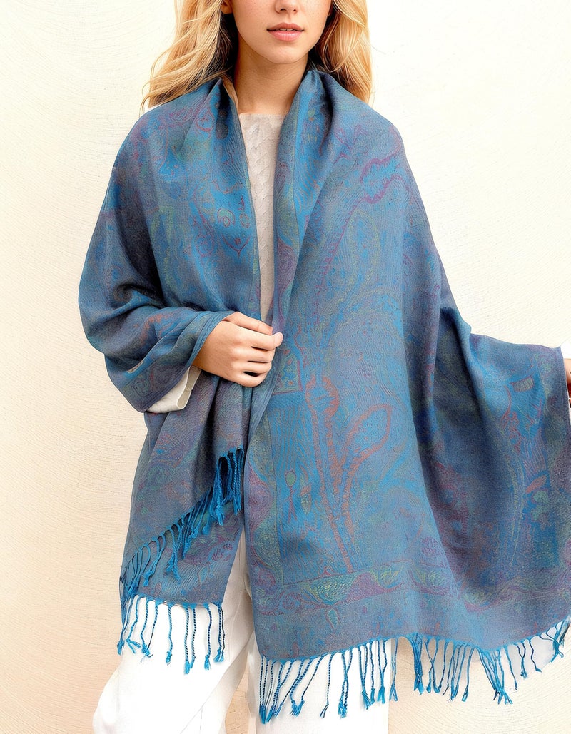 Achillea Soft Silky Reversible Paisley Pashmina Shawl Wrap Scarf w/Fringes (Tapestry Turquoise) - Image 3