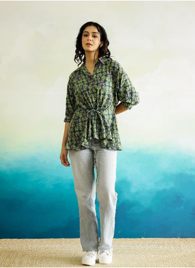 sanskrutihomes Floral Print Cotton Top with Waist Tie-Up Detail by Styli  - Image 1