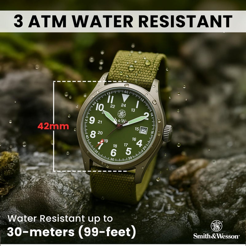 Smith & Wesson Menâ€™s Military Watch | Upgraded 42mm Tactical Design | 3 Interchangeable NATO Zulu Military-Grade Straps | 3 ATM Water Resistant | Scratch-Resistant Glass | Men's Watch Gift Box - Image 4