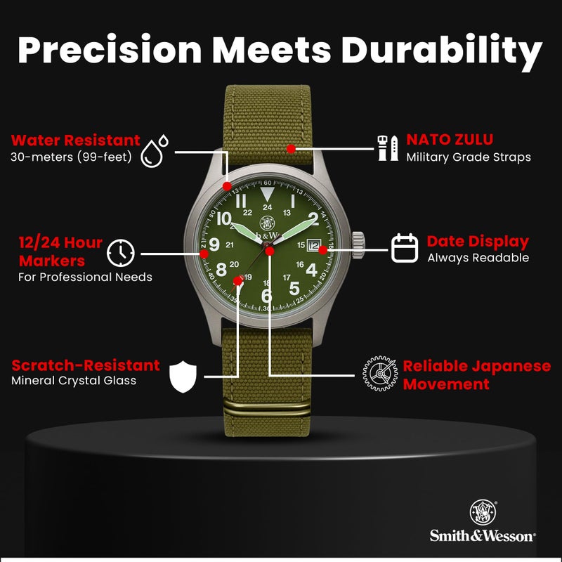 Smith & Wesson Menâ€™s Military Watch | Upgraded 42mm Tactical Design | 3 Interchangeable NATO Zulu Military-Grade Straps | 3 ATM Water Resistant | Scratch-Resistant Glass | Men's Watch Gift Box - Image 2
