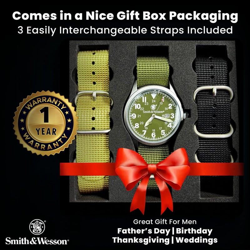 Smith & Wesson Menâ€™s Military Watch | Upgraded 42mm Tactical Design | 3 Interchangeable NATO Zulu Military-Grade Straps | 3 ATM Water Resistant | Scratch-Resistant Glass | Men's Watch Gift Box - Image 3