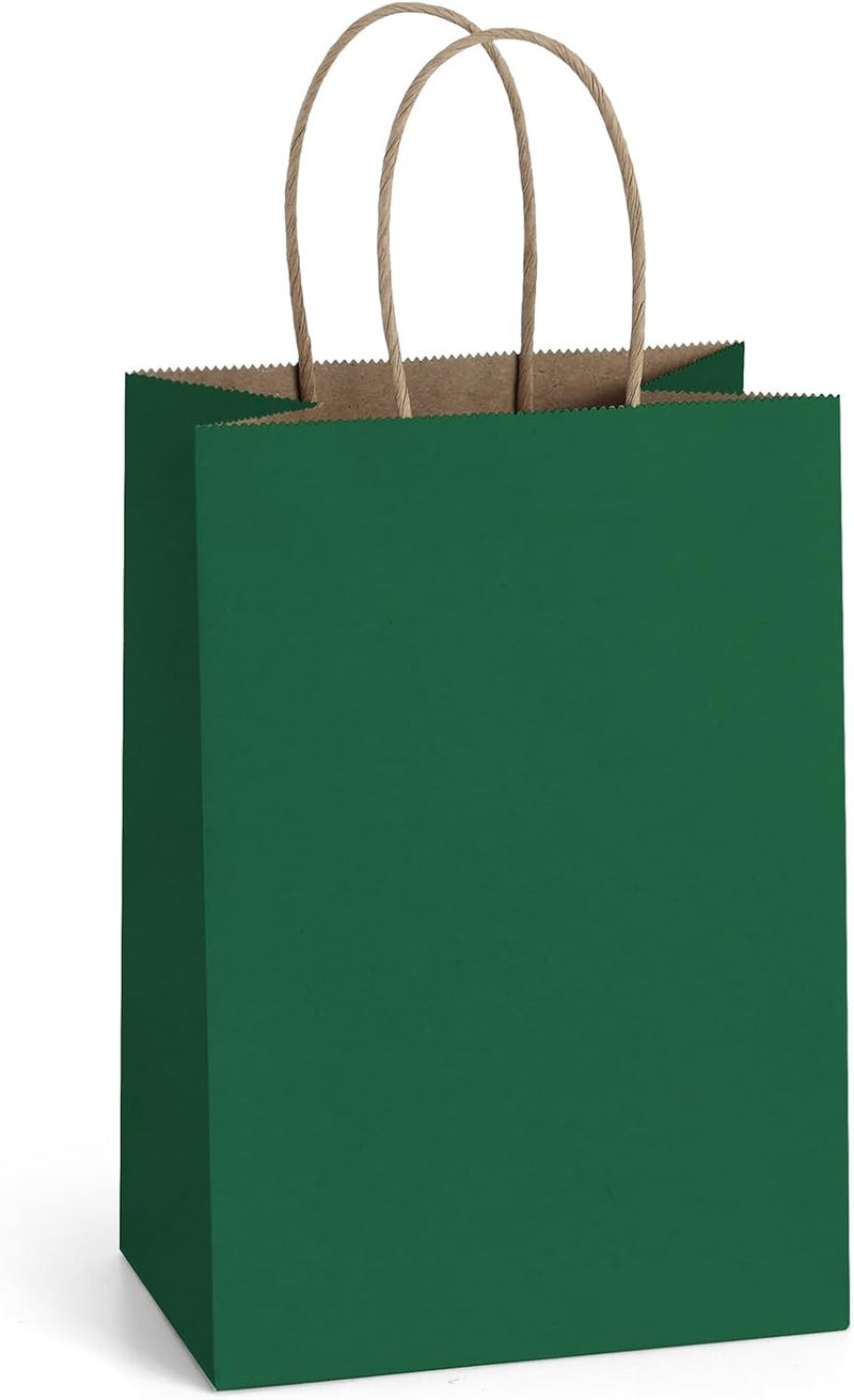 BagDream Forest Green Gift Bags with Handles Bulk 5.25x3x8 Inch 100Pcs Small Kraft Paper Bags for Christmas, Thanksgiving, Craft, Party Favors, Retail, Grocery, Recyclable - Image 1