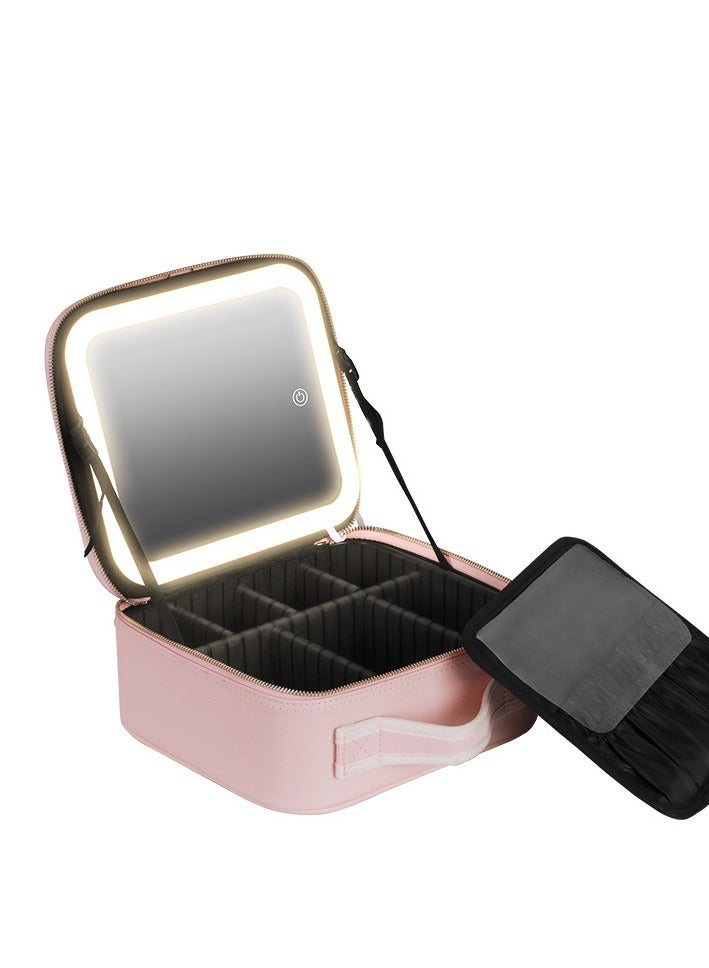 Large Capacity LED Lighted Makeup Bag with Full-Length Mirror - Portable Travel Cosmetic Organizer (Sakura Pink)  - Image 1