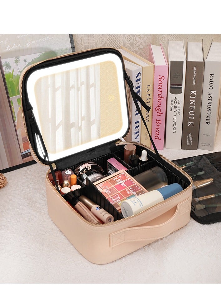 Large Capacity LED Lighted Makeup Bag with Full-Length Mirror - Portable Travel Cosmetic Organizer (Sakura Pink)  - Image 3