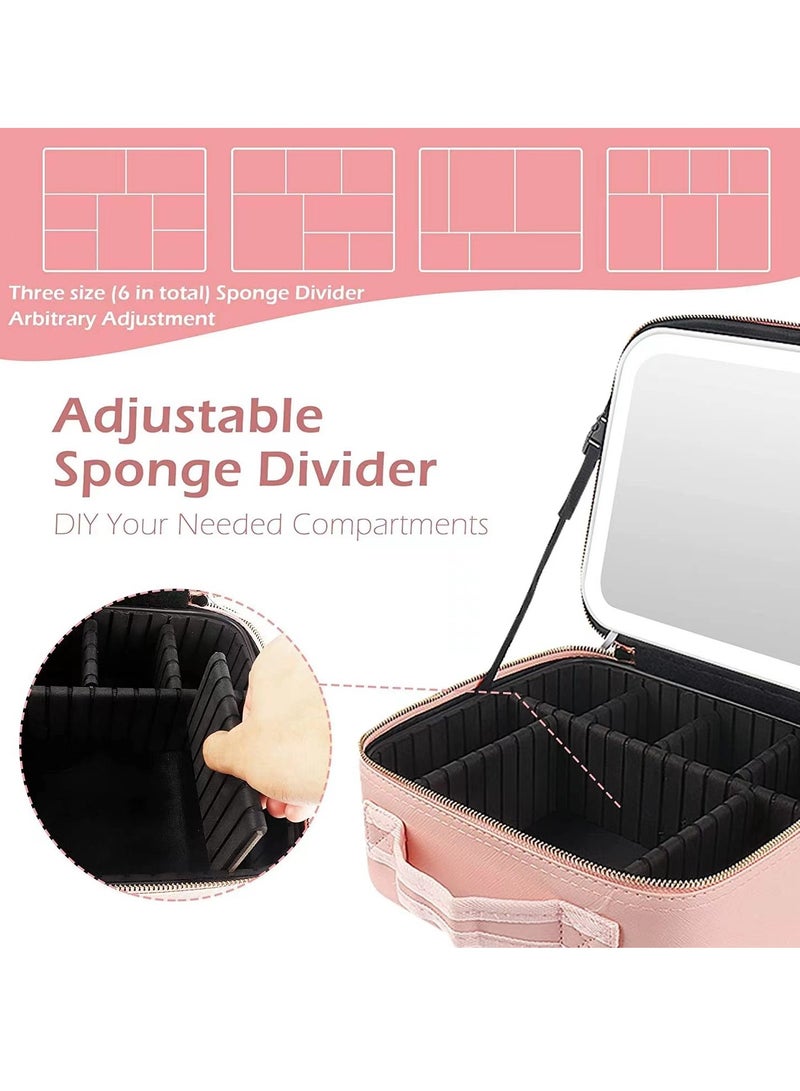 Large Capacity LED Lighted Makeup Bag with Full-Length Mirror - Portable Travel Cosmetic Organizer (Sakura Pink)  - Image 5
