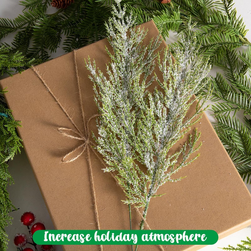 Alpurple 50 Pcs Christmas Snow Frosted Pine Branches- 13.5"" Snowy Artificial Pine Needles Branches Twigs- Greenery Ceder Sprigs Pine Picks Stems for Christmas Wreath Home Garden Decoration - Image 5