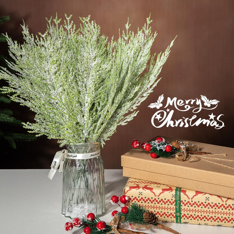 Alpurple 50 Pcs Christmas Snow Frosted Pine Branches- 13.5"" Snowy Artificial Pine Needles Branches Twigs- Greenery Ceder Sprigs Pine Picks Stems for Christmas Wreath Home Garden Decoration - Image 4