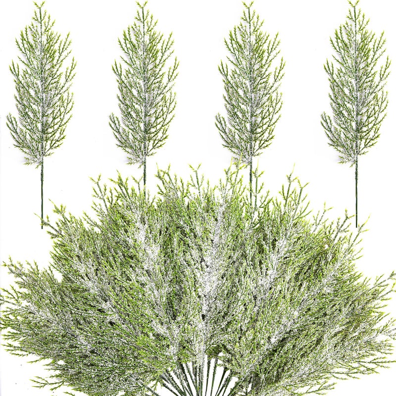Alpurple 50 Pcs Christmas Snow Frosted Pine Branches- 13.5"" Snowy Artificial Pine Needles Branches Twigs- Greenery Ceder Sprigs Pine Picks Stems for Christmas Wreath Home Garden Decoration - Image 1