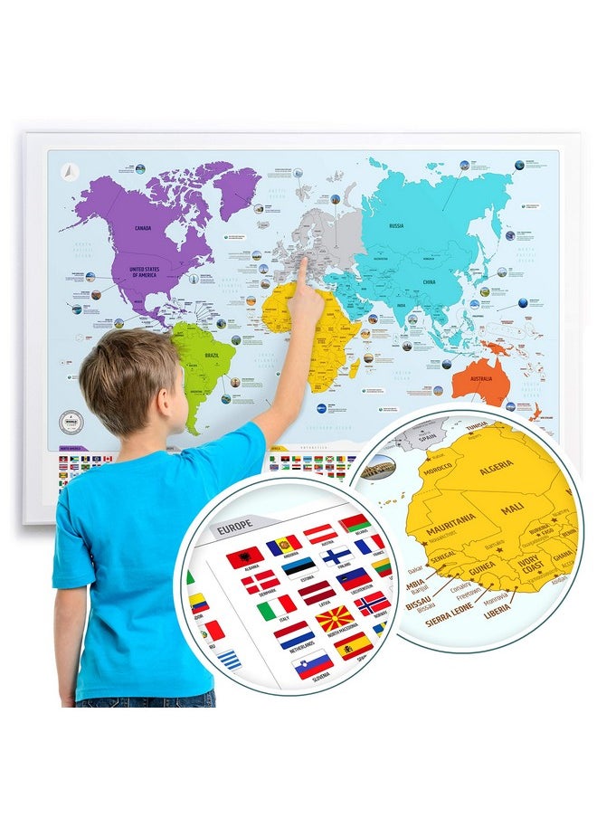 The World Game Colorful World Map With Flags & Capitals + 50 Interesting Facts - Xl Wall Art Poster For Home & Classroom - Educational For Kids & Adults  - Image 4