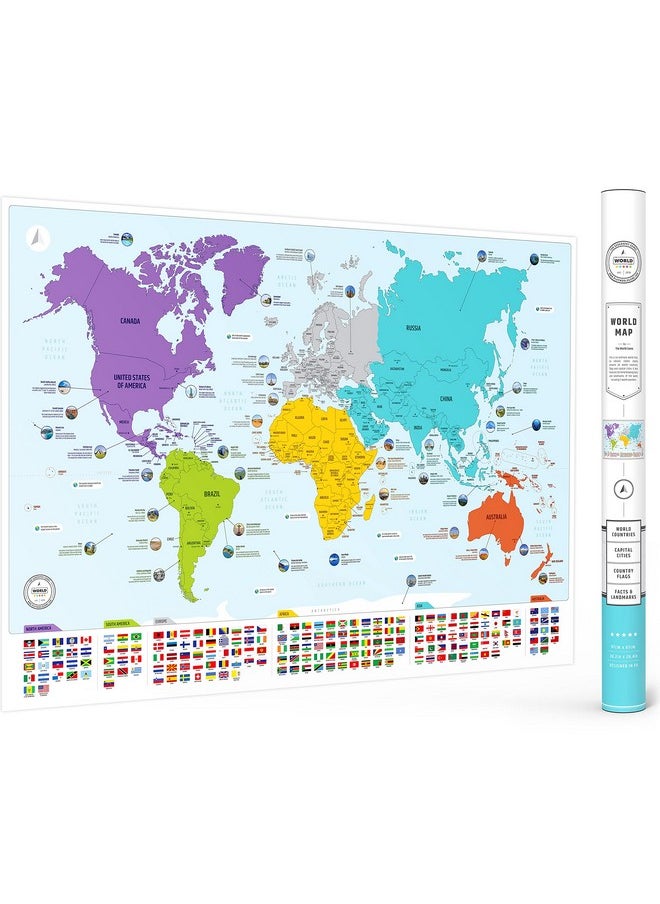 The World Game Colorful World Map With Flags & Capitals + 50 Interesting Facts - Xl Wall Art Poster For Home & Classroom - Educational For Kids & Adults  - Image 1