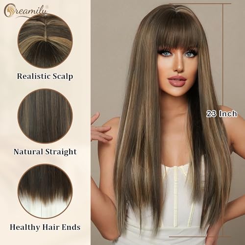 Creamily Straight Long Hair Wig for Woman,Highlights Ombre Brown with Blonde Highlights 23'',Full Head Hair Wig for Women with Bangs for Daily Use - Image 3
