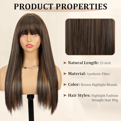 Creamily Straight Long Hair Wig for Woman,Highlights Ombre Brown with Blonde Highlights 23'',Full Head Hair Wig for Women with Bangs for Daily Use - Image 2