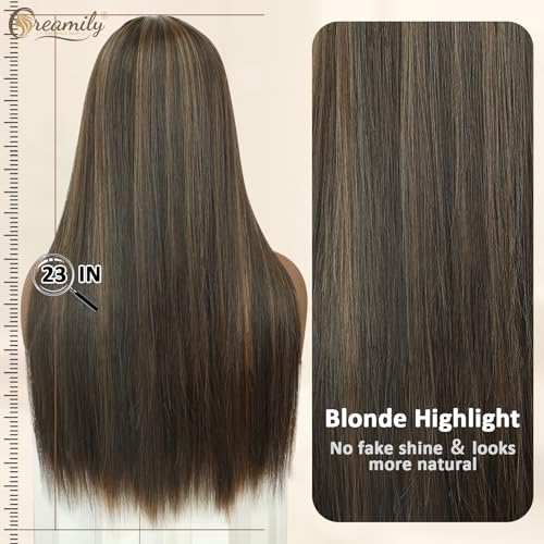 Creamily Straight Long Hair Wig for Woman,Highlights Ombre Brown with Blonde Highlights 23'',Full Head Hair Wig for Women with Bangs for Daily Use - Image 4