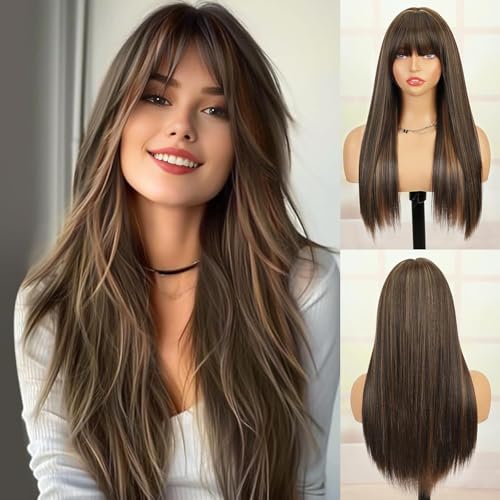 Creamily Straight Long Hair Wig for Woman,Highlights Ombre Brown with Blonde Highlights 23'',Full Head Hair Wig for Women with Bangs for Daily Use - Image 1