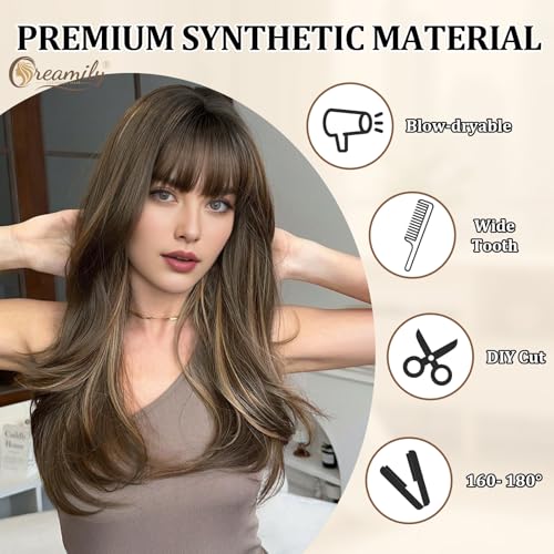 Creamily Straight Long Hair Wig for Woman,Highlights Ombre Brown with Blonde Highlights 23'',Full Head Hair Wig for Women with Bangs for Daily Use - Image 5