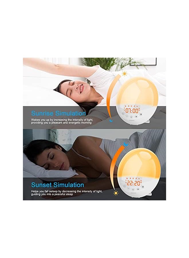 SZMDLX Wake Up Light, Light Alarm Clock with Sunrise/Sunset Simulation and FM Radio, 7 Colors / 9 Alarm Sounds / Snooze / 30 Brightness, Digital Alarm Clock for Bedrooms(Power Adapter Included)