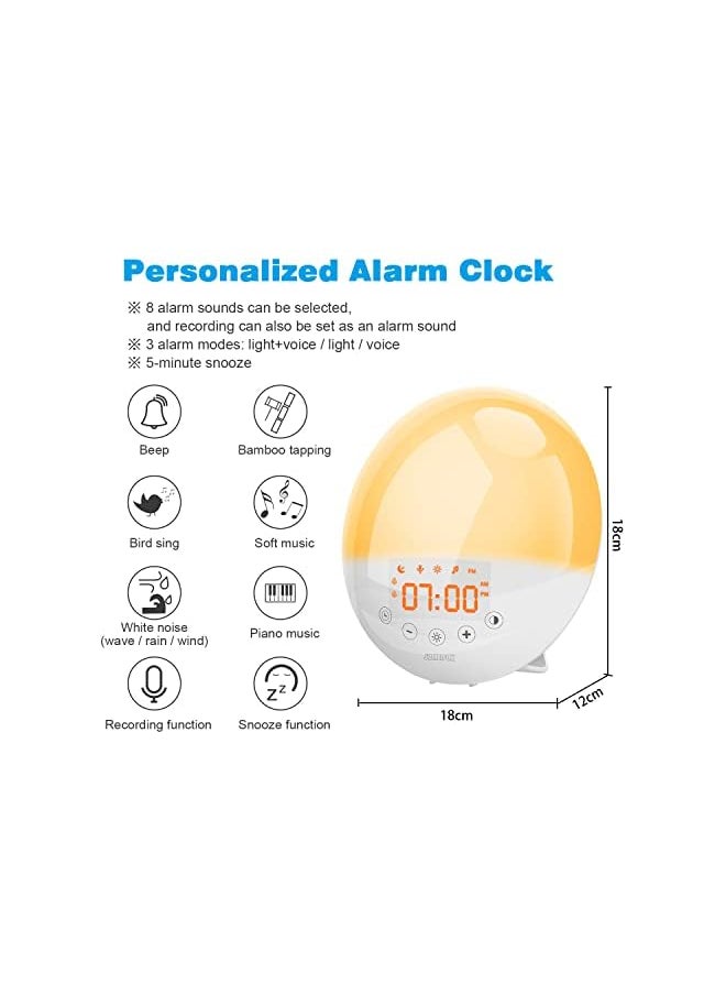 SZMDLX Wake Up Light, Light Alarm Clock with Sunrise/Sunset Simulation and FM Radio, 7 Colors / 9 Alarm Sounds / Snooze / 30 Brightness, Digital Alarm Clock for Bedrooms(Power Adapter Included)