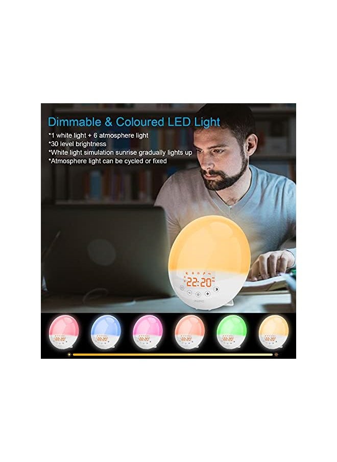 SZMDLX Wake Up Light, Light Alarm Clock with Sunrise/Sunset Simulation and FM Radio, 7 Colors / 9 Alarm Sounds / Snooze / 30 Brightness, Digital Alarm Clock for Bedrooms(Power Adapter Included)