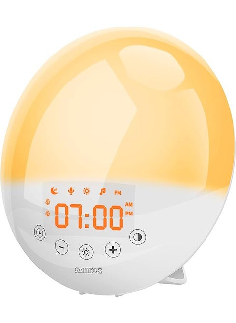 SZMDLX Wake Up Light, Light Alarm Clock with Sunrise/Sunset Simulation and FM Radio, 7 Colors / 9 Alarm Sounds / Snooze / 30 Brightness, Digital Alarm Clock for Bedrooms(Power Adapter Included)
