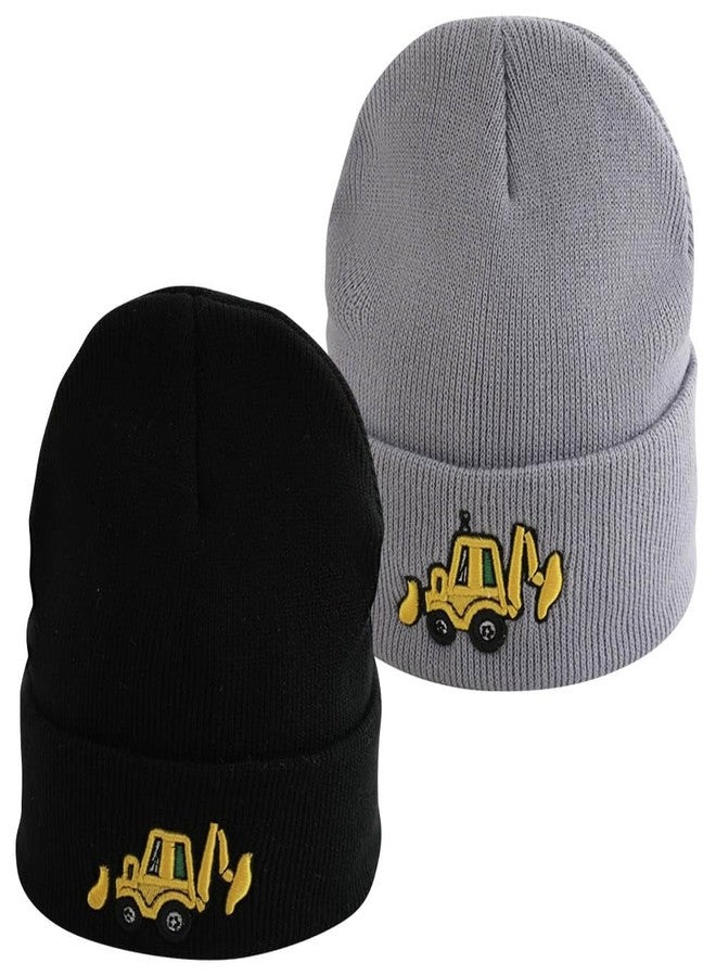 ZUYYON 2 Pcs Embroidery Excavator Toddler Boys Winter Hats Cute Digger Knit Warm Beanie Cap for Boys Girls Age 3-10(Black, Grey) - Image 1
