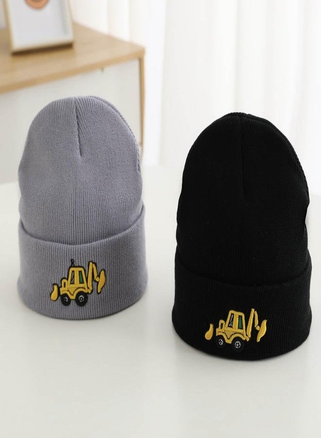 ZUYYON 2 Pcs Embroidery Excavator Toddler Boys Winter Hats Cute Digger Knit Warm Beanie Cap for Boys Girls Age 3-10(Black, Grey) - Image 5