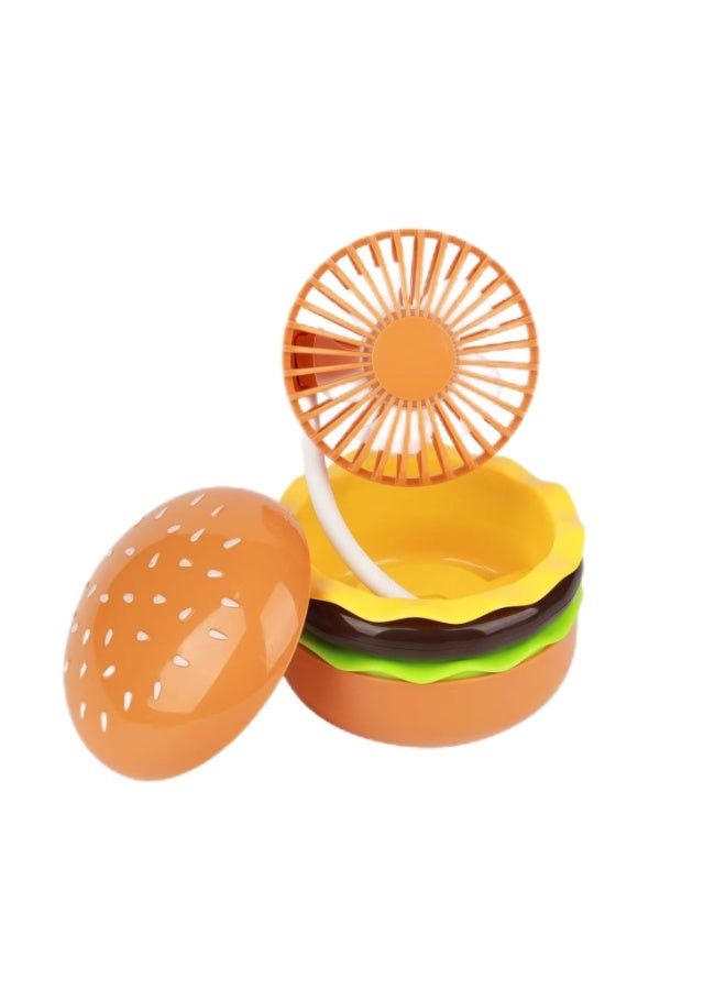 General Creative Hamburger Handheld Foldable Fan Office Desktop Portable USB Charging Fan with Built-in Beauty Mirror Can Be Used as A Gift and Decoration  - Image 1